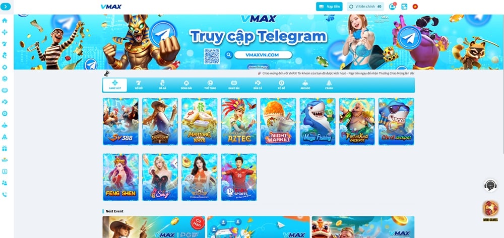Truy cập trang chủ vmax chính thức để nạp tiền